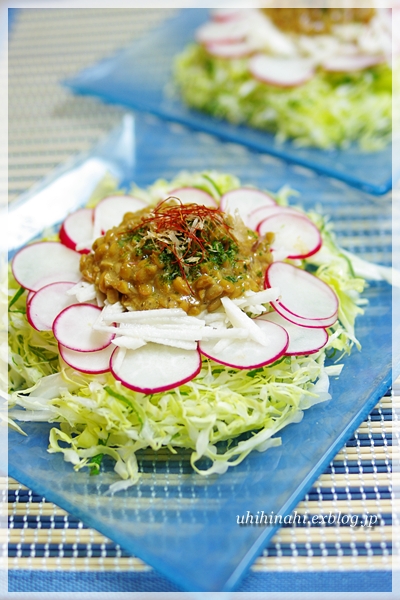 納豆ドレッシングで大葉キャベツサラダ と カレー味の肉じゃが うひひなまいにち