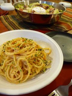 おうちごはん・・・明太子スパゲティ＆キャベツとチーズの洋風煮物_a0141366_16977.jpg