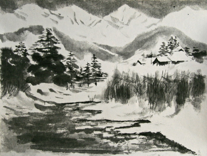 水墨画　（風景・雪解けの山村）_d0150095_17391769.jpg