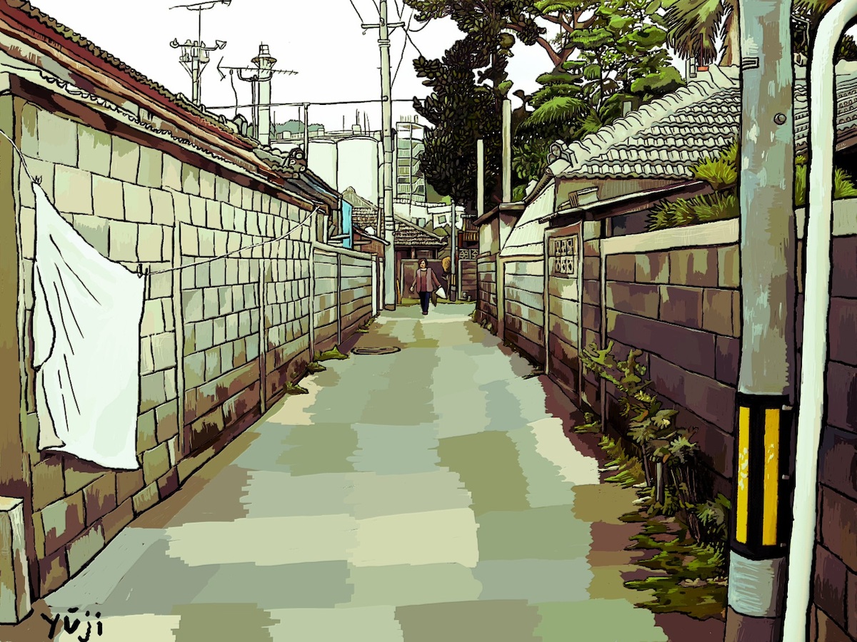 沖縄の下町風景画 Gimpでペイントしました シュールな絵画の抽象画の油絵奮闘記