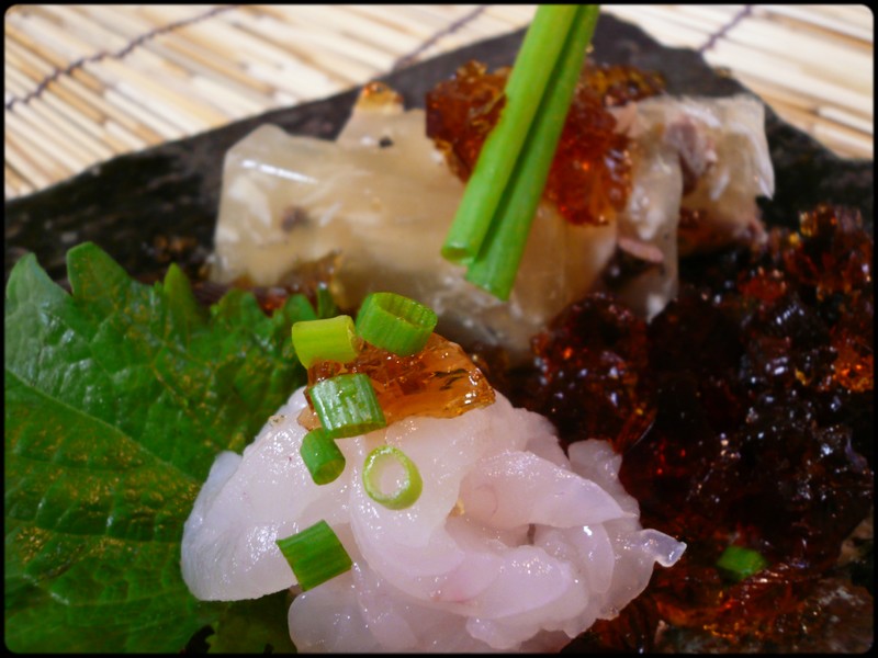 マトウダイの糸造り と あらと肝の煮こごり 魚と野菜と私と和ノ香