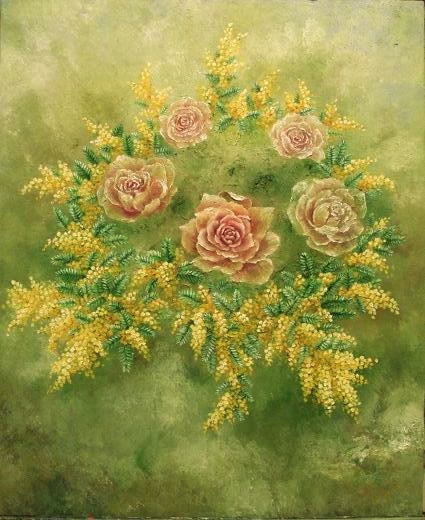 薔薇とミモザの油絵_b0089338_11102135.jpg