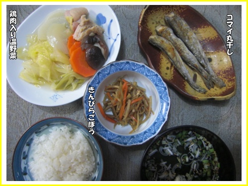 鶏肉入り温野菜／コマイの丸干し_b0186551_2052283.jpg