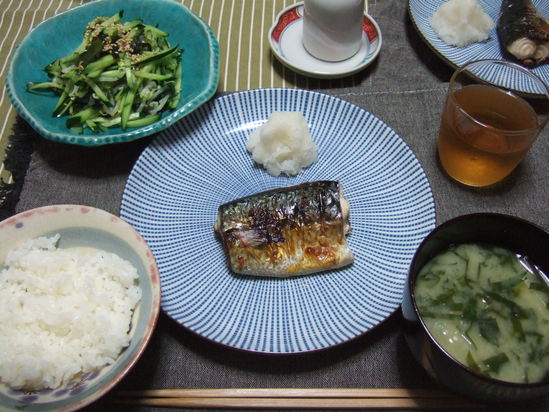 2010年7月21日（Sa）夕食　サバの塩焼き　セロリのお味噌汁　胡瓜の酢の物_e0150625_4371673.jpg