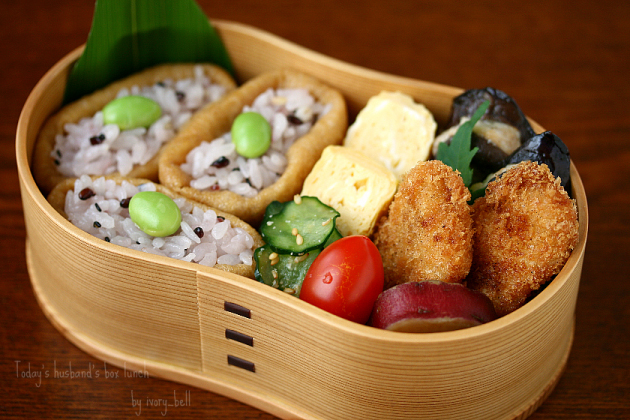 今日の主人わっぱ弁当（雑穀ミニいなり）_c0228578_16414752.jpg