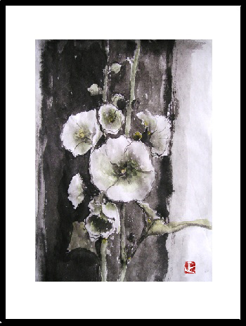 1004☆水彩画 原画 夏がやって来た 花 タチアオイ 7月の絵タチアオイと