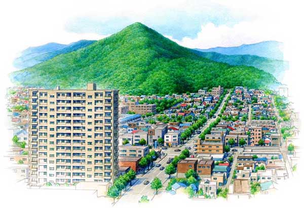 B 05鳥瞰パース 札幌のイラストレーター イラストレーター西村昌実 札幌 リアルイラストレーション 建築パース 鳥瞰図 フィギュア