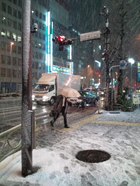 ▼新宿南口(*≧m≦*)降雪ナウ！小田急線降雪につき遅延してます。電車が発車時刻なのにまだ折り返し新宿駅に来てません。帰れるかな？！_b0032617_22341735.jpg