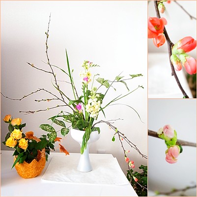 花籠に春の花を活ける お花に囲まれて