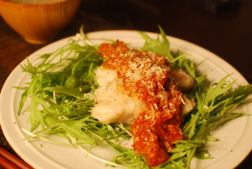 真鯛の中華風トマトソースかけ ベジタリアンミットゥンと肉食チャースケ