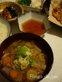 ベラのから揚げ けんちんもどき味噌汁 お気楽生活