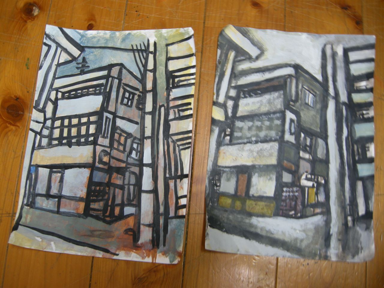アクリルガッシュ画建物2点の制作途中の絵 : シュールな絵画の