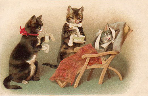 アンティークポストカード　ヘレナマグワイア　猫の看病 ヘレナ・マグワイア Helena Maguire ビリヤードをする猫のポストカード