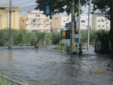 タイの洪水。其の四.タマサート大学前の2車線は通行不能カヌーです_b0100062_11232515.jpg