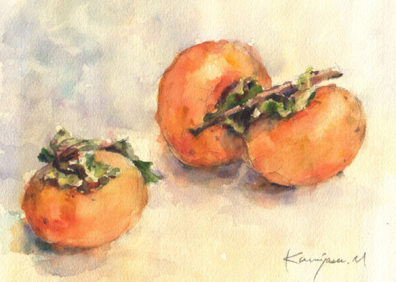 柿みのるころー白壁の土蔵 - 絵画/タペストリー