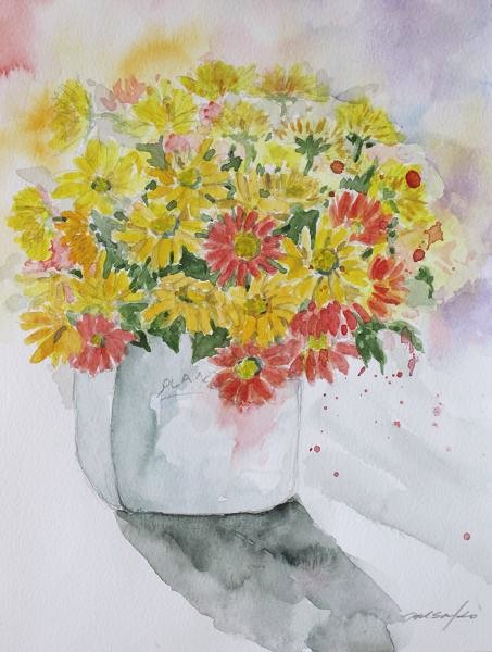 水彩画(野菜と菊の花) 水彩画(野菜と菊の花) （秋の水彩画組成物秋の花の花束感謝祭の