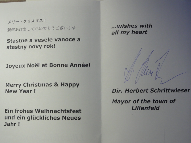 早くも姉妹都市リリエンフェルド市長からクリスマスカード届く 日常の出来事
