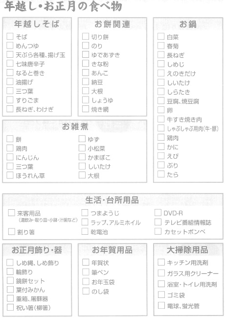 お正月の準備品 チェックリスト 前から後ろから