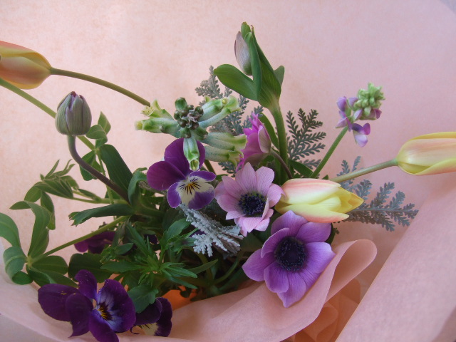 オークリーフ 原種のアネモネとチューリップの小さな花束 Oak Leaf