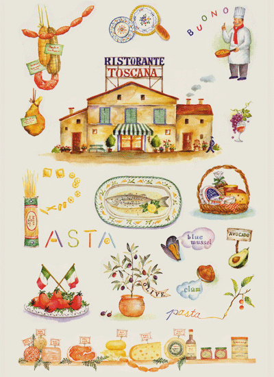 イタリア料理の本のイラスト イラストレーター 川副美紀 Miki Kawazoe Illustrations Watercolor Colored Pencil