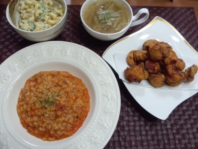 献立 トマトリゾット タコの唐揚げ セロリとゴボウのスープ マカロニサラダ Kajuの 今日のお料理 簡単レシピ