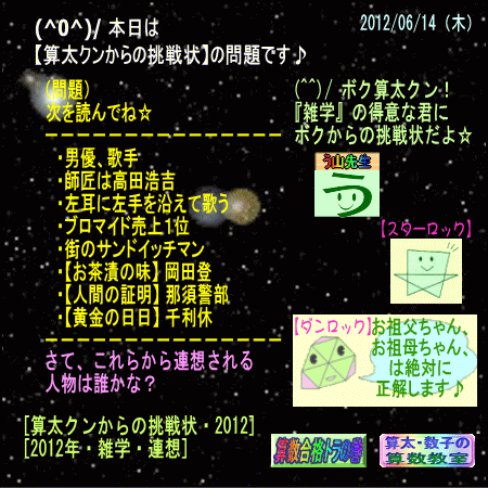 【算太クンからの挑戦状2012】（雑学・教養）［連想問題］_a0043204_1592580.gif