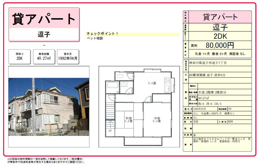 8.0万円　逗子市逗子7丁目　アパート　ペット相談_c0200594_13394319.jpg