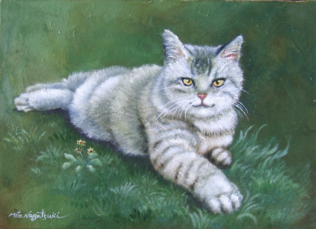 猫の油絵 草の上で アメリカンショートヘア 油絵画家 永月水人のart life 猫の油絵 草の上で アメリカンショートヘア 油絵画家 永月水人のart life