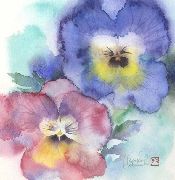 水彩画原画パンジー花の絵 程よ 水彩画原画パンジー花の絵 程よ