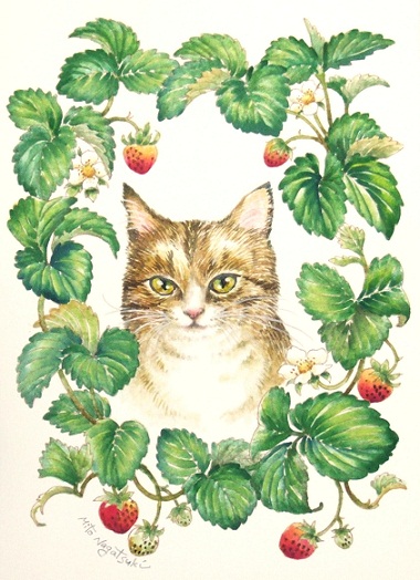 猫の水彩画。苺と一緒に_b0089338_23235296.jpg