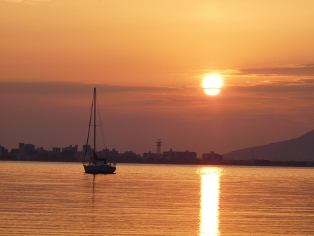 水彩画　ジクレー版画「夕焼けのヨットハーバー」（小戸公園／福岡市） 水彩画 ジクレー版画「夕焼けのヨットハーバー」（小戸公園