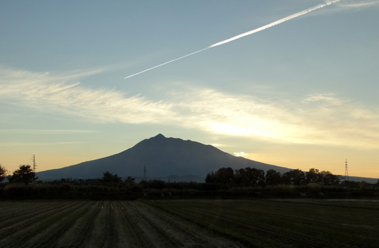 田んぼのアオサギ。岩木山と飛行機雲の夕景など_a0136293_19433924.jpg