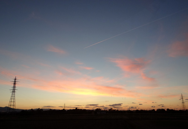 田んぼのアオサギ。岩木山と飛行機雲の夕景など_a0136293_19465100.jpg