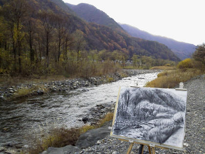 川の近くの木(木炭)------trees near the river.　　Landscape (drawing charcoal on paper)_c0053351_1644794.jpg