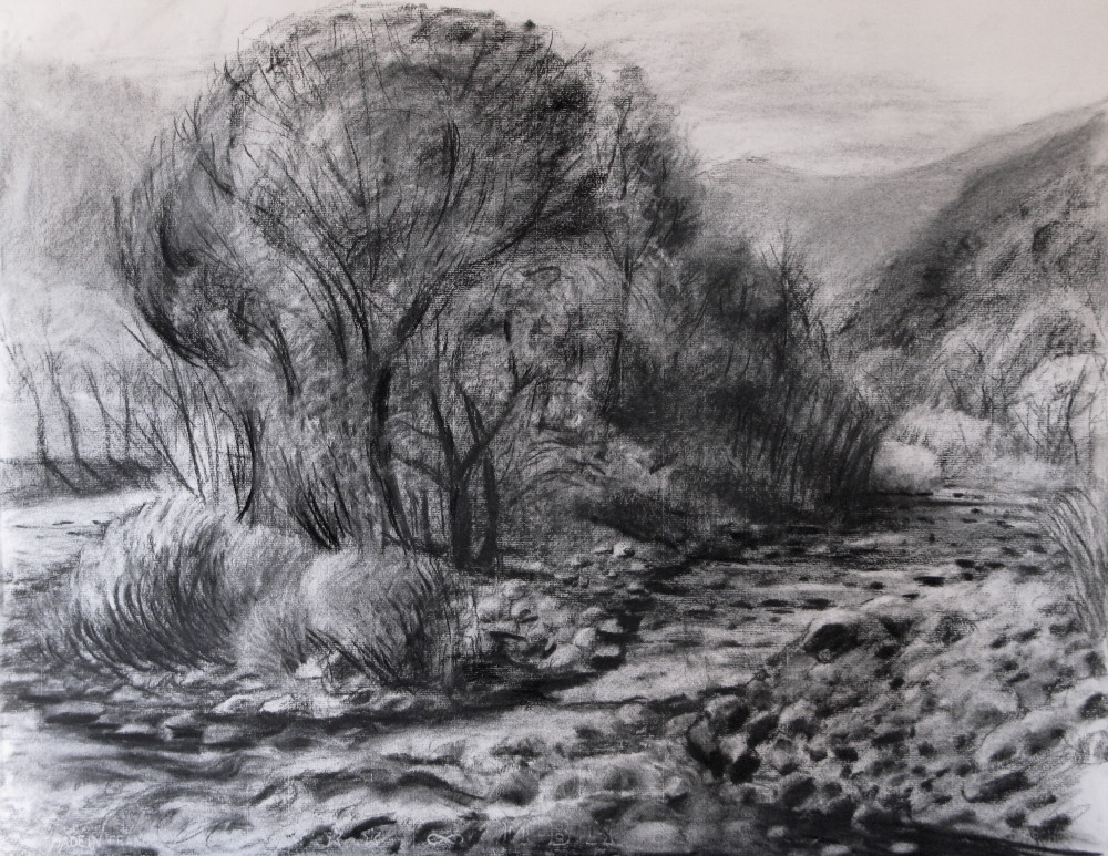 梓川の中洲:初冬（木炭）------　Landscape 　(drawing charcoal on paper)_c0053351_940279.jpg