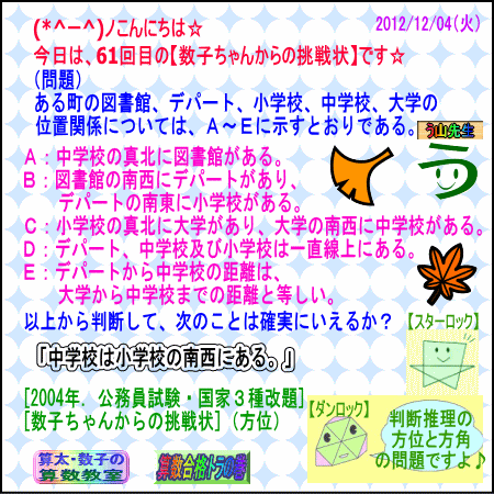 【数子ちゃんからの挑戦状2012】（公務員試験）［判断推理］６１_a0043204_1155425.gif