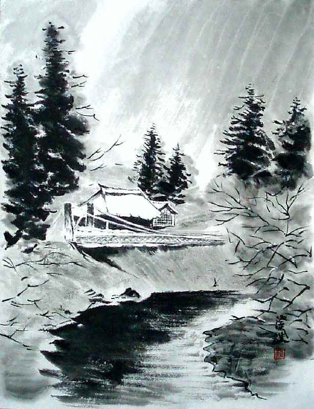 水墨画 雪景色の村 水墨画 雪景色の村