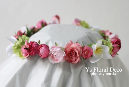 プルメリアをいれたピンクの花冠とリストレット ハワイのおふたりに_b0113510_1716441.jpg