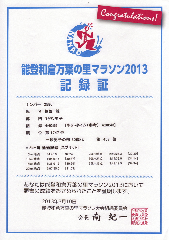 能登和倉万葉の里マラソン2013・後編『おかげで30kmまで走れたから、一緒にゴールしよう』_d0264795_19182158.jpg