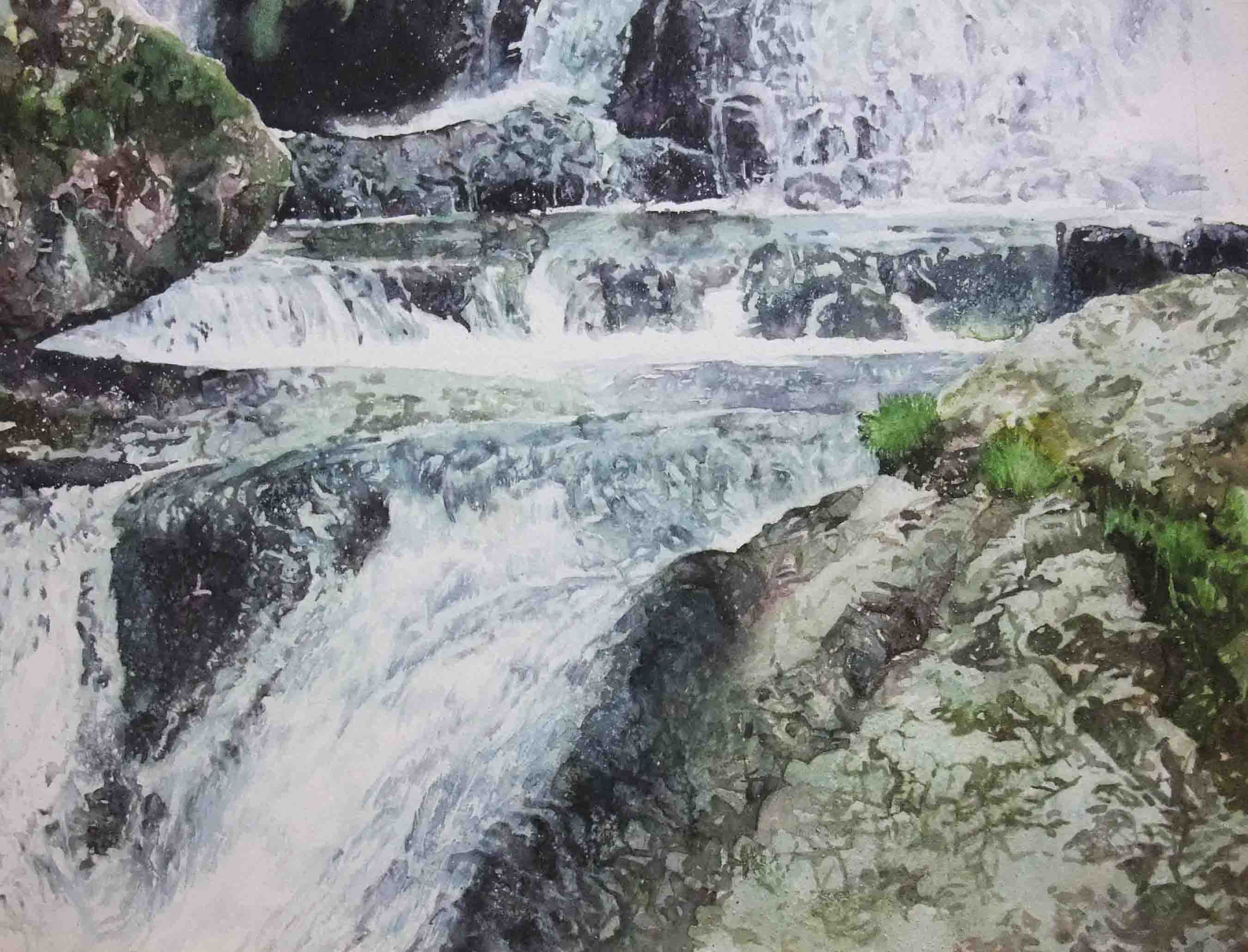 不動の滝の部分描写 : 小林啓子水彩画の部屋