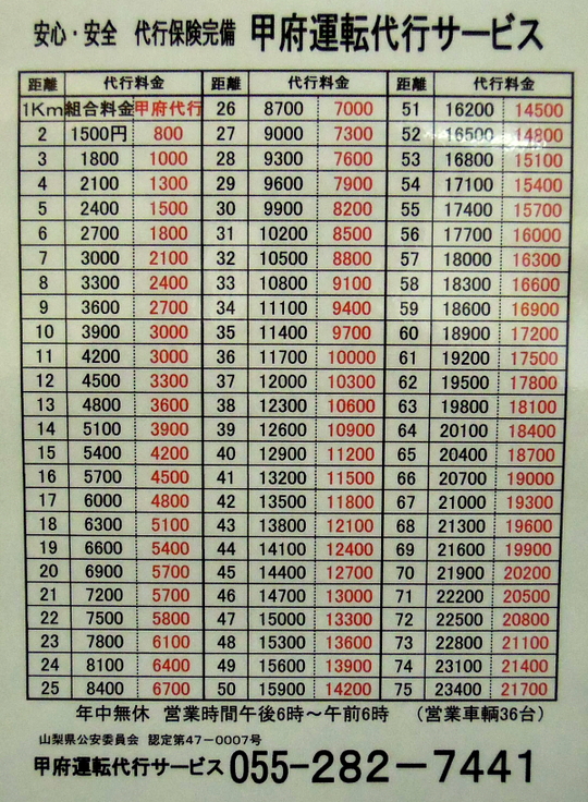 甲府運転代行サービス料金表 甲府運転代行サービス 甲府運転代行サービス料金表 甲府運転代行サービス