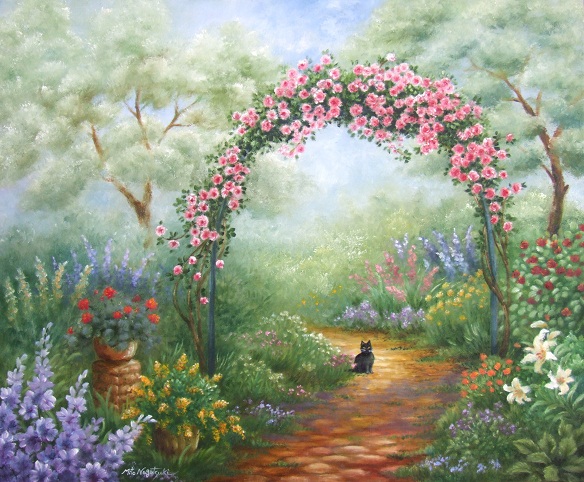 玄関前は花盛り 薔薇のアーチのある庭の絵 バラ 黒猫 油絵画家 永月水人のａｒｔ ｌｉｆｅ