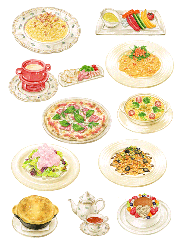 料理のイラスト レストランのメニュー イラストレーター 川副美紀 Miki Kawazoe Illustrations Watercolor Colored Pencil