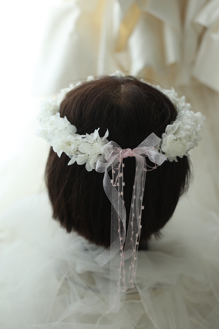 リングガール フラワーガール用の花冠 プリザーブドのアジサイで 椿山荘東京様へ 一会 ウエディングの花