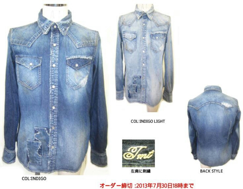 『TMT』 デニムシャツ　スナップボタン　袖刺繍　アメカジ　インディゴ　【M】 TMT』 デニムシャツ スナップボタン 袖刺繍 アメカジ インディゴ