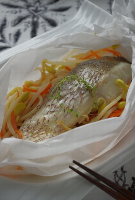 めんつゆ任せ!レンジで作る白身魚の紙包み蒸し_f0168317_1521195.jpg