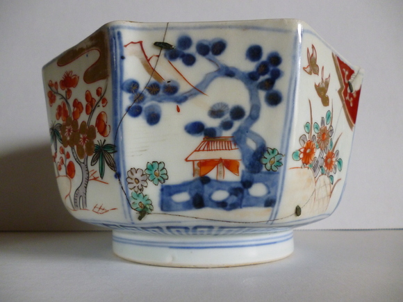 江戸時代参考品 古伊万里 色絵 大鉢 鎹直し かすがい