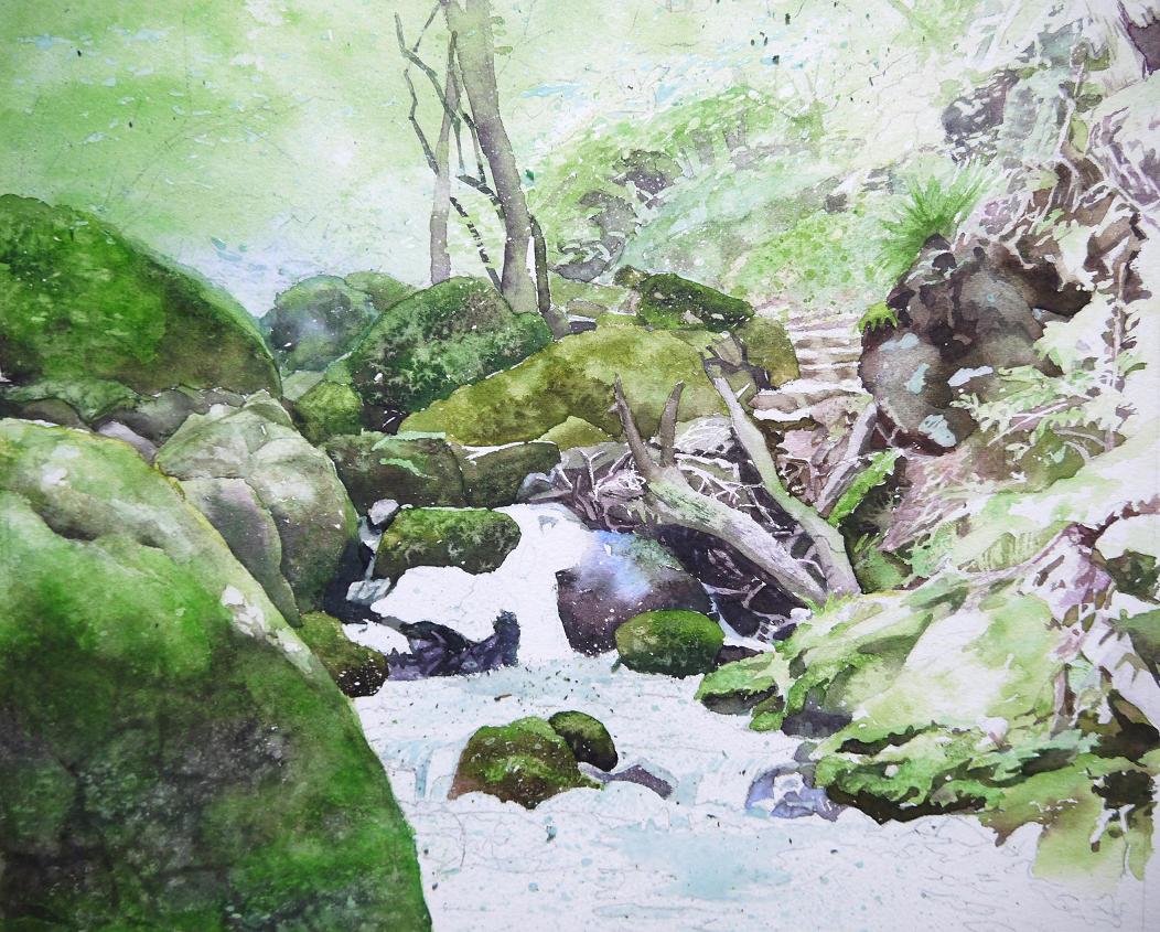 絵画「朝霧晴れて～ 飛騨川の清流」水彩画