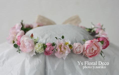 桜色のバスケットブーケ、花冠、リストレット 紅茶染めのドレスに_b0113510_11325151.jpg