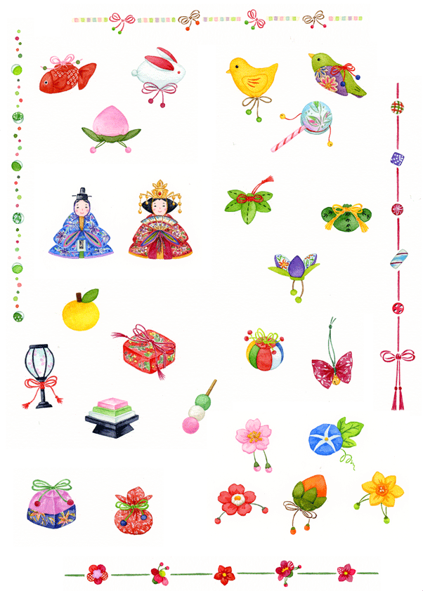 ひな祭りの小物 イラストレーター 川副美紀 Miki Kawazoe Illustrations Watercolor Colored Pencil